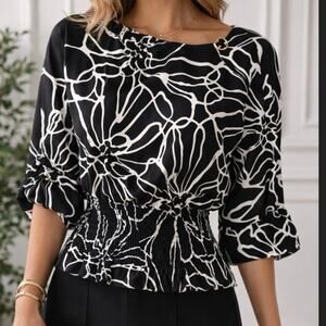 Michael Kors Black White Abstract Blouse XL Smocked Waist Peasant Top